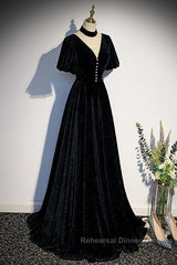Long Velvet V-Neckline Floor Length Semi Formal Prom Dresses, Black Evening Wedding Party Dresses