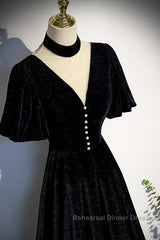 Long Velvet V-Neckline Floor Length Semi Formal Prom Dresses, Black Evening Wedding Party Dresses