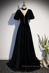 Long Velvet V-Neckline Floor Length Semi Formal Prom Dresses, Black Evening Wedding Party Dresses
