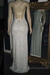 Long White Sequin Semi Formal Prom Dresses Cross Back Halter Evening Gown