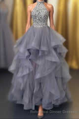 Grey Tulle Long Semi Formal Prom Dresses, A-Line Evening Dresses