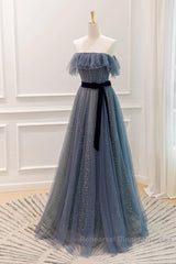 Lovely Blue A-Line Shiny Tulle Sweetheart Party Dress, Blue Long Formal Dress Semi Formal Prom Dress