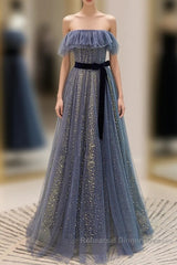 Lovely Blue A-Line Shiny Tulle Sweetheart Party Dress, Blue Long Formal Dress Semi Formal Prom Dress