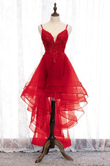 Lovely Blue High Low V-Neckline Straps Party Dress, New Straps Semi Formal Prom Dress