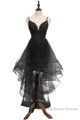 Lovely Blue High Low V-Neckline Straps Party Dress, New Straps Semi Formal Prom Dress