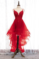 Lovely Blue High Low V-Neckline Straps Party Dress, New Straps Semi Formal Prom Dress