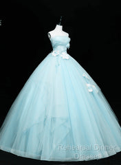 Lovely Blue Tulle Long Sweet 16 Dress, Blue Tulle Formal Dress Party Dress