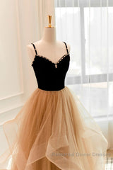 Lovely Champagne A-Line Beaded Strap Party Dress, Tulle Layers Long Semi Formal Prom Dress