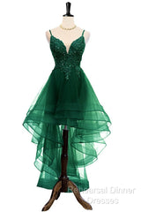 Lovely Dark Green High Low Chic Party Dress Semi Formal Prom Dress, V-Neckline Straps Homecoming Dress