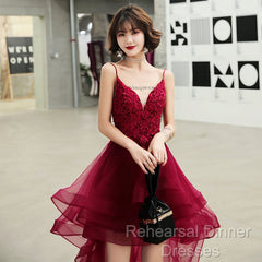 Lovely Dark Green High Low Chic Party Dress Semi Formal Prom Dress, V-Neckline Straps Homecoming Dress