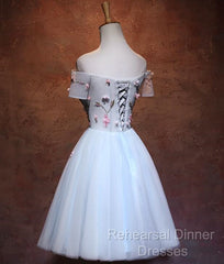 Lovely Light Blue Tulle Knee Length Homecoming Dress, Cute Floral Party Dress