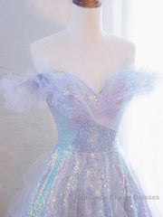 Lovely Off Shoulder A-Line Tulle And Sequins Semi Formal Prom Dress, Sweetheart Long Evening Dress