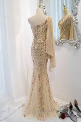 Lovely One Shoulder Champagne Sequins Mermaid Semi Formal Prom Dress, Champagne Evening Dress