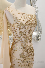 Lovely One Shoulder Champagne Sequins Mermaid Semi Formal Prom Dress, Champagne Evening Dress
