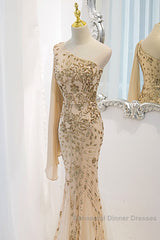 Lovely One Shoulder Champagne Sequins Mermaid Semi Formal Prom Dress, Champagne Evening Dress