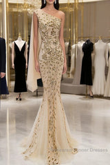 Lovely One Shoulder Champagne Sequins Mermaid Semi Formal Prom Dress, Champagne Evening Dress