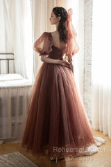 Lovely Puffy Sleeves Tulle Long Party Dress, Scoop Ball Gown Long Semi Formal Prom Dress
