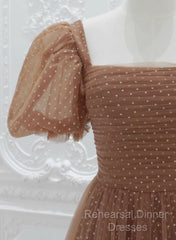 Lovely Simple Tulle Short Sleeves A-Line Party Dress, Long Tulle Formal Dress Evening Dress