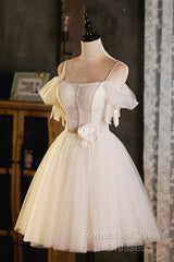 Lovely Spaghetti Strap Tulle Short Semi Formal Prom Dress, Light Champagne A-Line Evening Party Dress