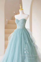 Lovely Sweetheart Neckline Tulle Long Semi Formal Prom Dress With Lace, Beautiful Strapless Evening Dress
