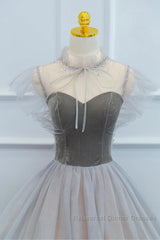 Lovely Velvet And Tulle Floor Length Semi Formal Prom Dress, Gray A-Line Formal Evening Dress