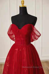 Lovely Wine Red Tulle Sweetheart Off Shoulder Semi Formal Prom Dress, Wine Red Long Party Dress