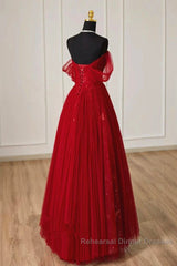 Lovely Wine Red Tulle Sweetheart Off Shoulder Semi Formal Prom Dress, Wine Red Long Party Dress