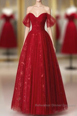 Lovely Wine Red Tulle Sweetheart Off Shoulder Semi Formal Prom Dress, Wine Red Long Party Dress