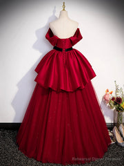 Burgundy Sweetheart Neck Formal Dress, A-Line Tulle Floor Length Prom Dress