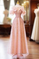 Luxurious A Line Off The Shoulder Pink Tulle Long Semi Formal Prom Dress