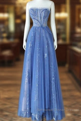Luxurious A Line Strapless Blue Long Semi Formal Prom Dress