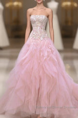 Luxurious Ball Gown Strapless Pink Tulle Long Semi Formal Prom Dress