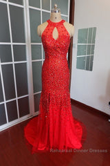 Luxurious Crystal Beaded Halter Mermaid Evening Dresses Leg Split Semi Formal Prom Gowns