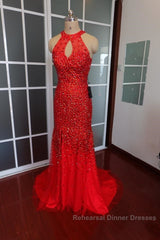 Luxurious Crystal Beaded Halter Mermaid Evening Dresses Leg Split Semi Formal Prom Gowns