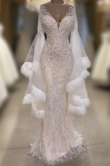 Luxurious Mermaid V-Neck Long Sleevess Crystal Floor Length Semi Formal Prom Dresses With Tassels