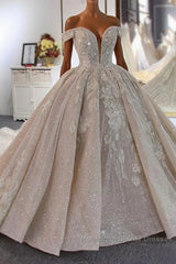 Luxury Ball Gown Off-the-Shoulder Beading Wedding Dress With Train