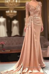 Luxury Evening Dresses Mermaid Long Sleeves Appliques Beaded Long Turkey Dubai Saudi Arabic Evening Gown Semi Formal Prom Dresses