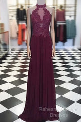 Maroon Hight Neck Lace Long Semi Formal Prom Dress, Maroon Evening Dress