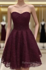 Maroon Homecoming Dresses, Lace Short Semi Formal Prom Dresses, Party Dresses, Semi Formal Prom Dress