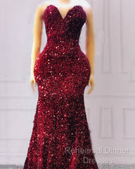 Maroon Sequin Semi Formal Prom Dresses Mermaid Strapless