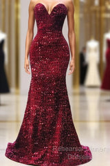 Maroon Sequin Semi Formal Prom Dresses Mermaid Strapless