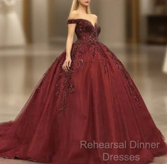 Maroon Wedding Dress Off Shoulder Semi Formal Prom Dress