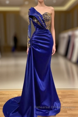 Mermaid Asymmetrical Sequined Floor-length Appliques Lace With Side Train Semi Formal Prom Dresses