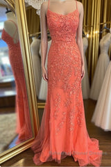 Mermaid Backless Orange Lace Long Semi Formal Prom Dresses, Mermaid Orange Lace Formal Dresses, Orange Lace Evening Dresses