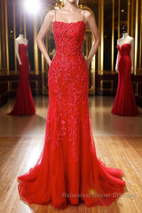 Mermaid Backless Red Lace Long Semi Formal Prom Dresses, Mermaid Red Formal Dresses, Red Lace Evening Dresses