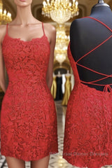 Mermaid Backless Short Red Lace Semi Formal Prom Dresses Homecoming Dresses, Mermaid Red Formal Dresses, Red Lace Evening Dresses