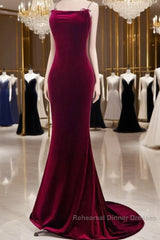 Mermaid Backless Velvet Burgundy Long Semi Formal Prom Dress With Beads