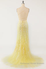 Mermaid Backless Yellow Lace Long Semi Formal Prom Dresses, Mermaid Yellow Formal Dresses, Yellow Lace Evening Dresses