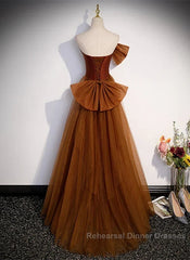 Mermaid Brown Tulle Satin Strapless Long Party Dress Formal Dress Semi Formal Prom Dress With Bow(S)