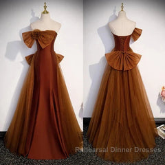 Mermaid Brown Tulle Satin Strapless Long Party Dress Formal Dress Semi Formal Prom Dress With Bow(S)